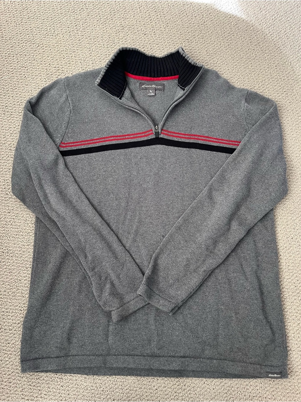Eddie Bauer Men's Gray Zip-Up Sweater with Red & Black Stripe